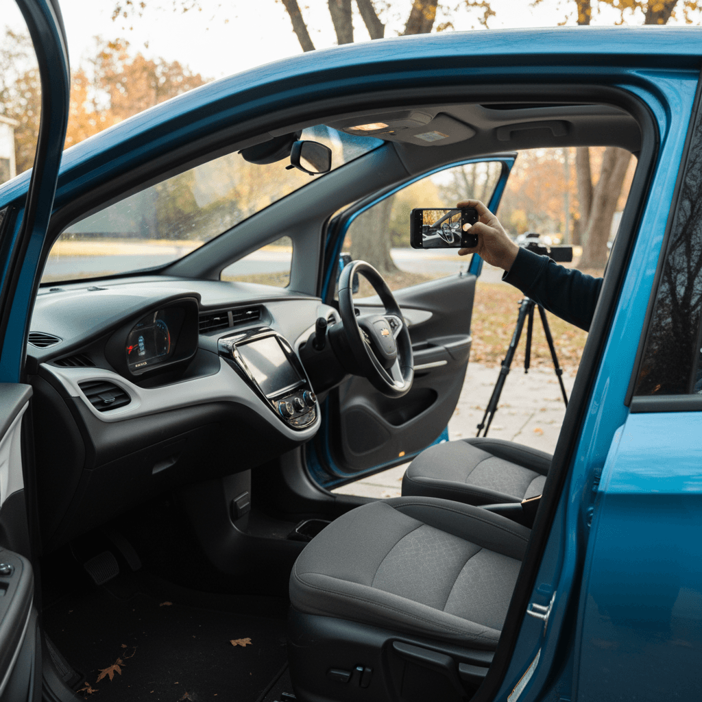 Owner photographing the interior of a Chevrolet Bolt EV to show battery range and condition for an online listing