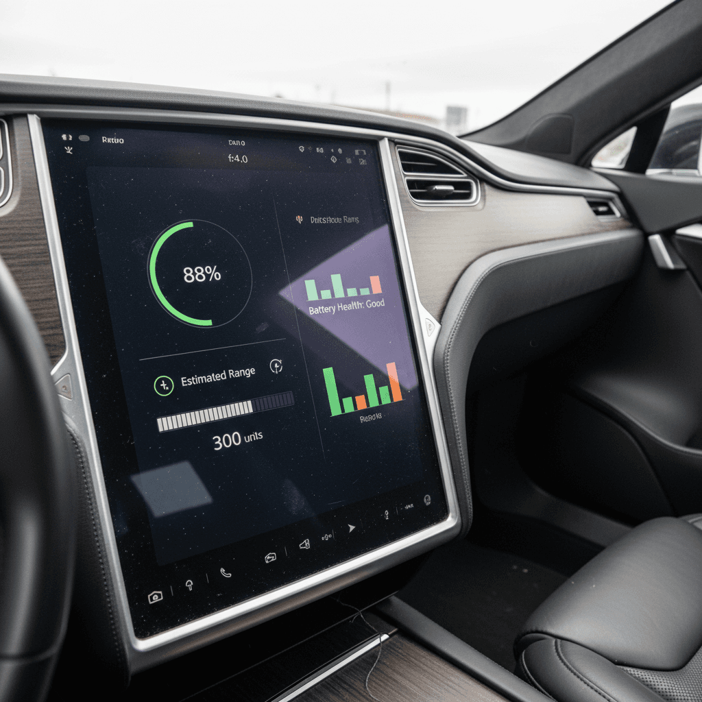 Tesla Model S driver display showing battery charge level and estimated range