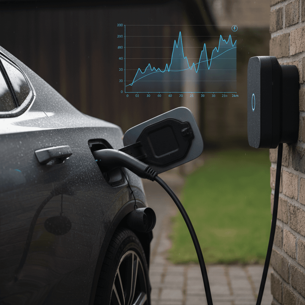 Polestar 2 charging in a home garage with a cost per mile chart on screen
