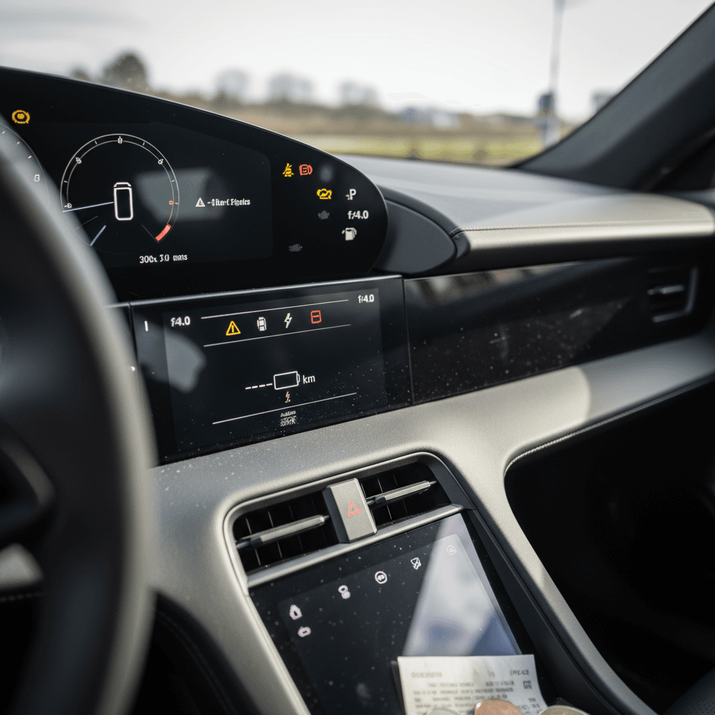 Porsche Taycan digital instrument cluster illuminated with multiple warning indicators and range display