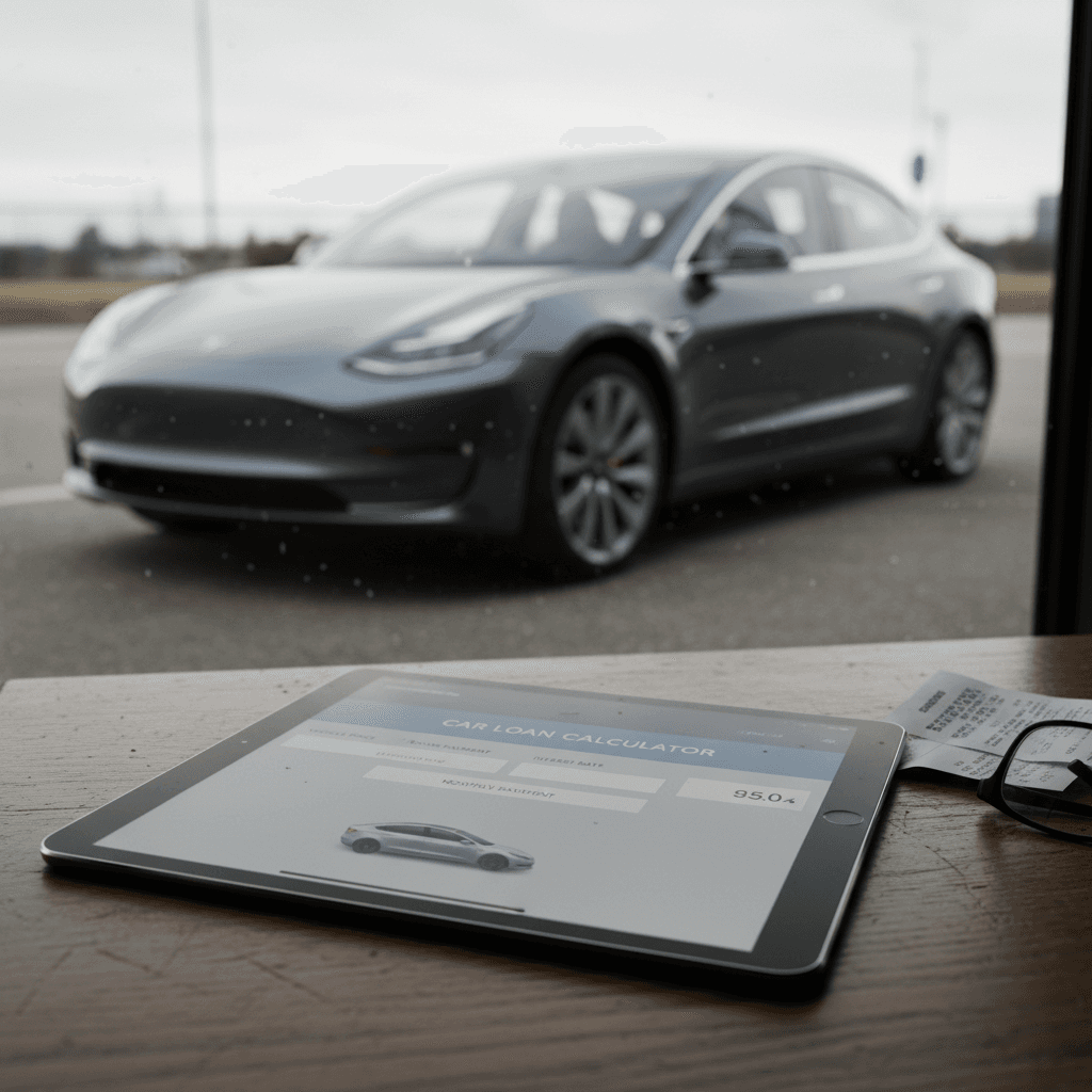 Tablet screen showing Tesla Model 3 loan calculator with payment breakdown
