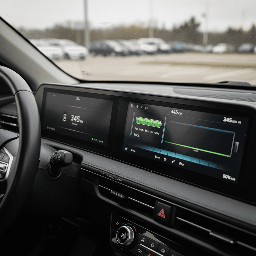 Kia EV6 digital instrument cluster showing state of charge and estimated driving range while parked