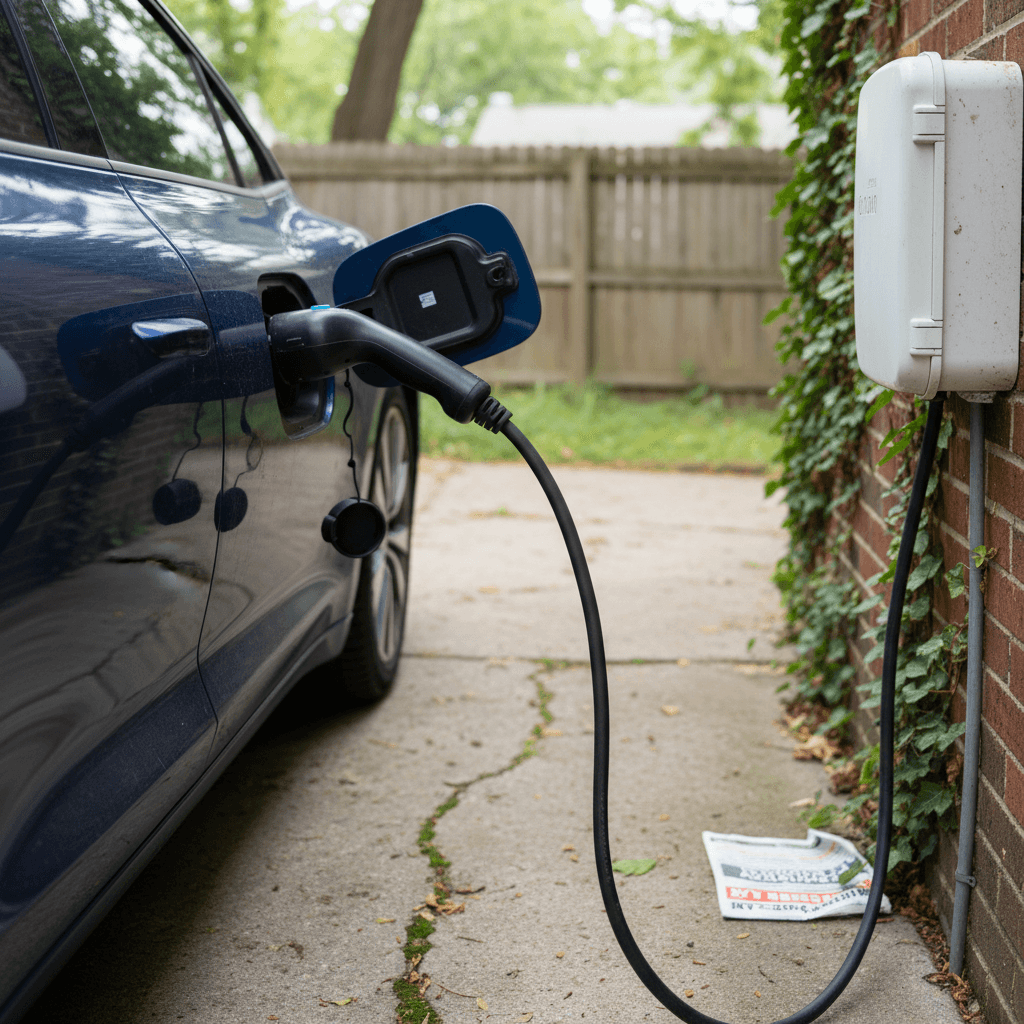 Electric vehicle charging from a Level 2 charger in a Queens backyard driveway