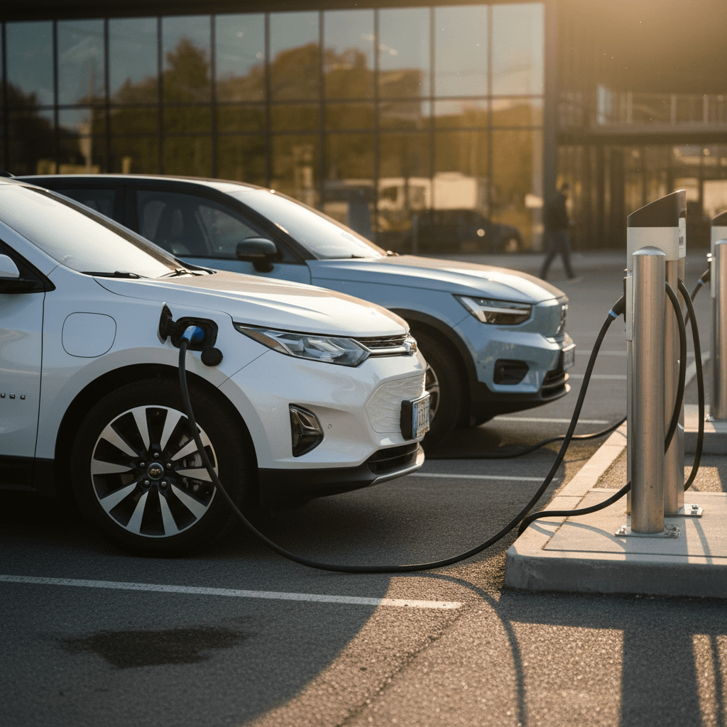 Chevy Equinox EV and Volvo EX30 parked at a public fast charger, highlighting two of the best EVs under $40,000 for 2026