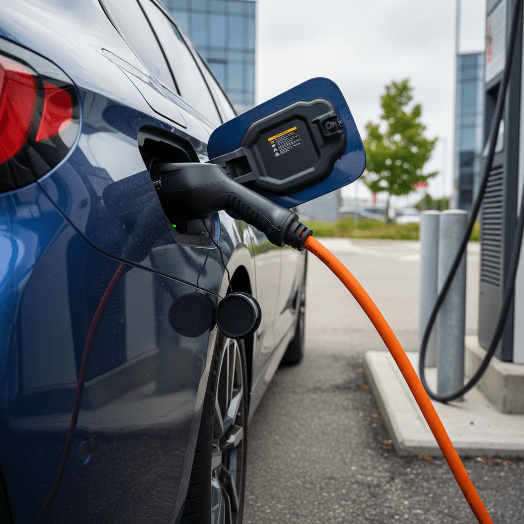 Close-up of BMW i5 charging port and front wheel at a public fast charger