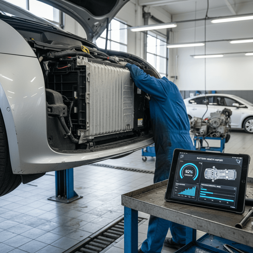 Technician inspecting the underside and battery pack of a used electric vehicle on a lift with a digital health report on a tablet nearby