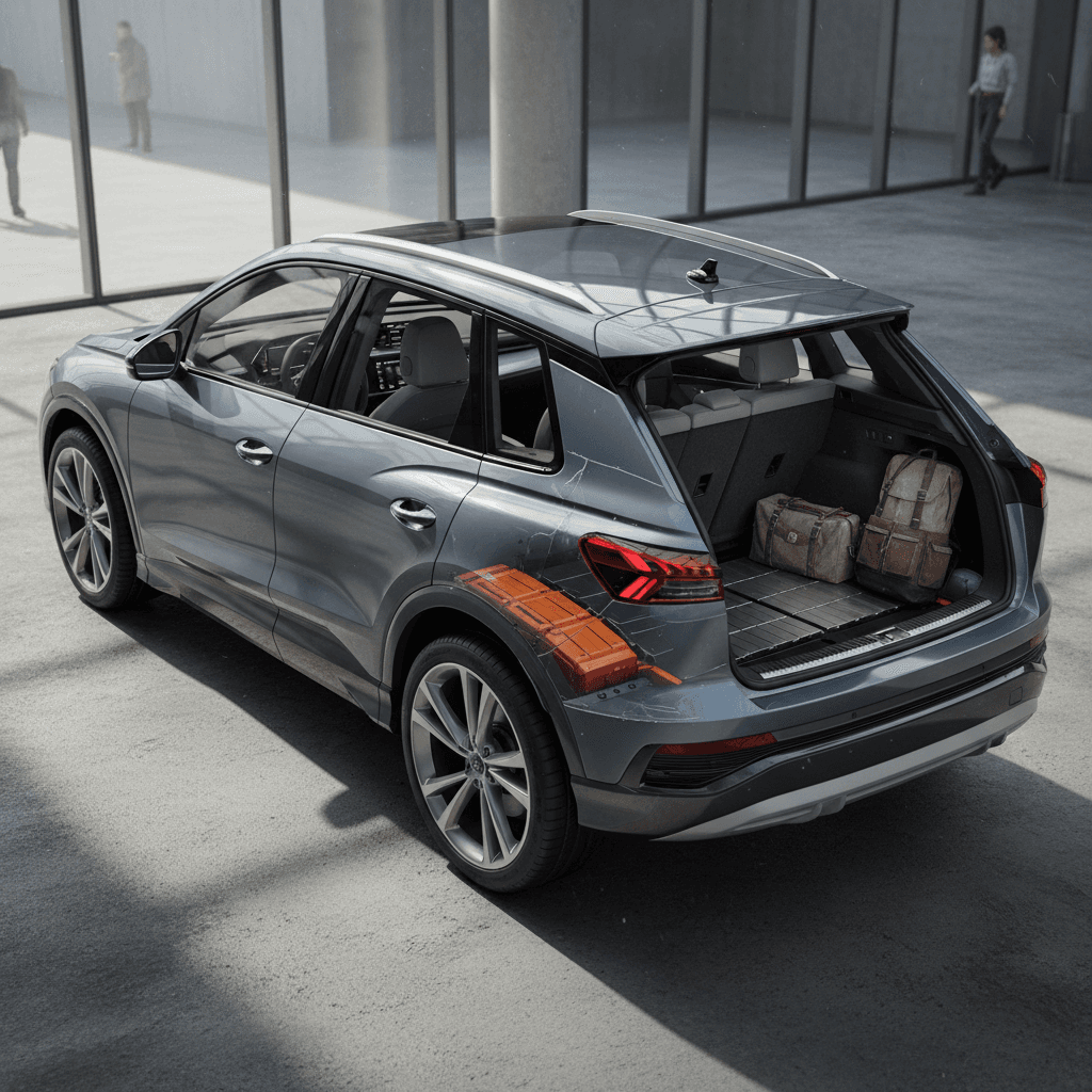 Diagram-style side view of a 2023 Audi Q4 e-tron showing spacious cabin, flat rear floor and rear cargo bay