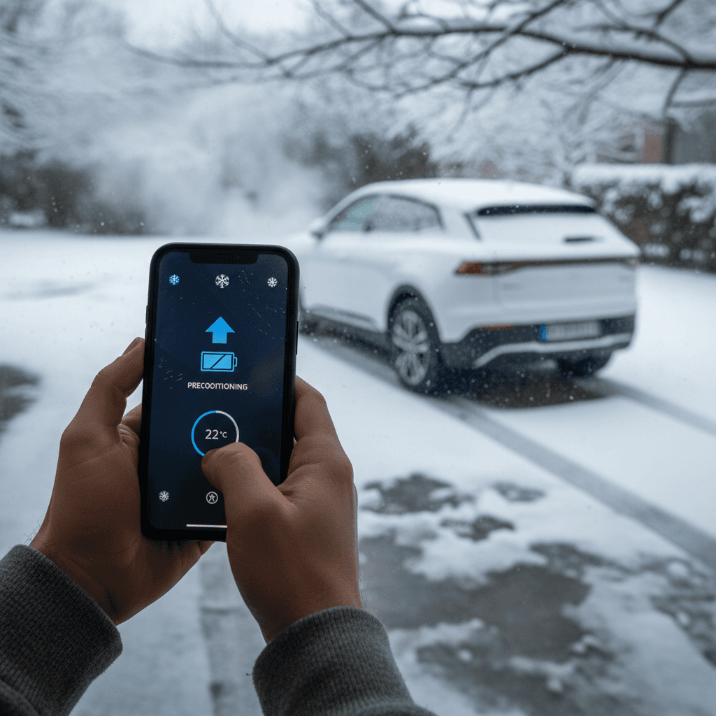 EV owner using a smartphone app to preheat the car and battery while it is plugged in on a snowy driveway