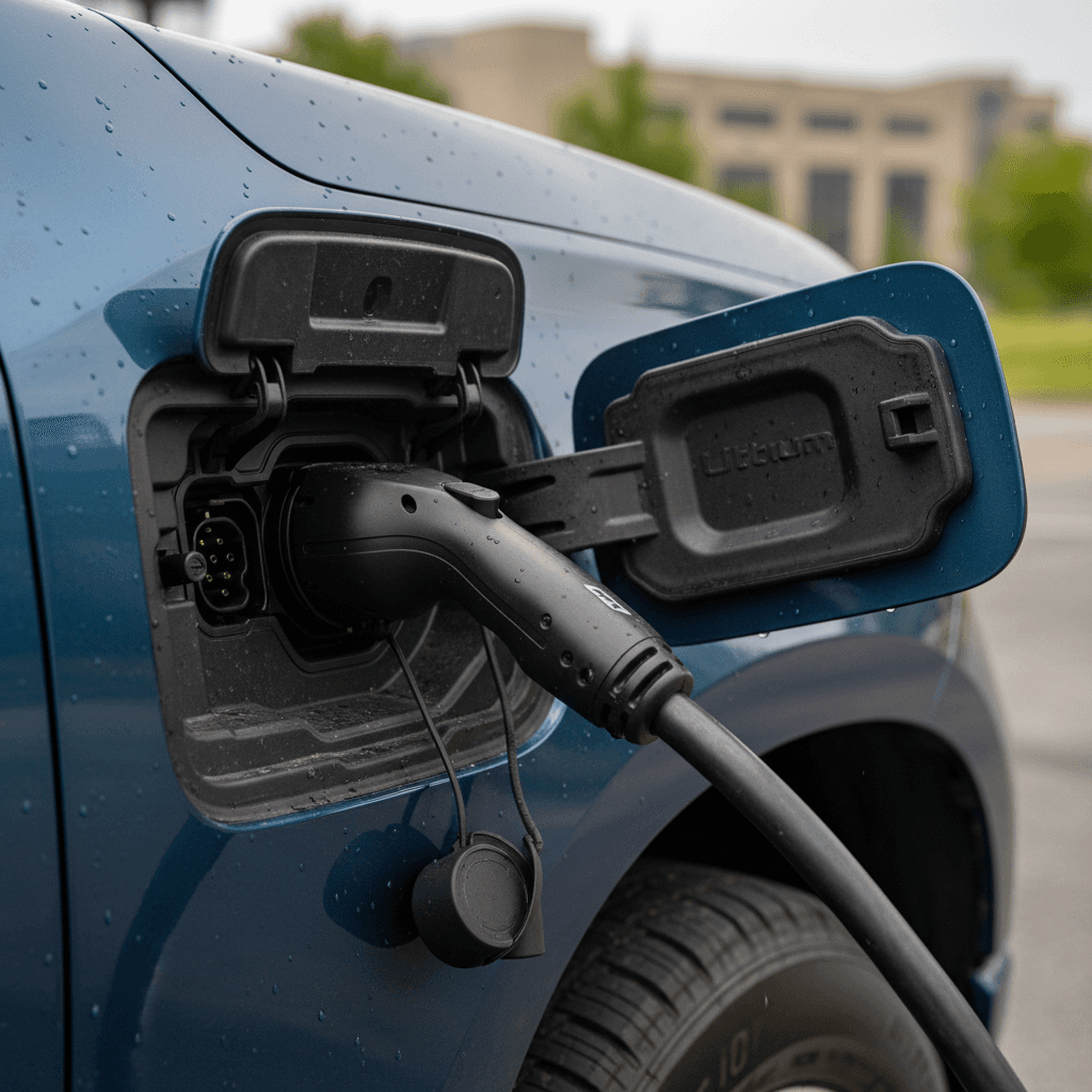 GM electric pickup truck charging at a public fast-charging station