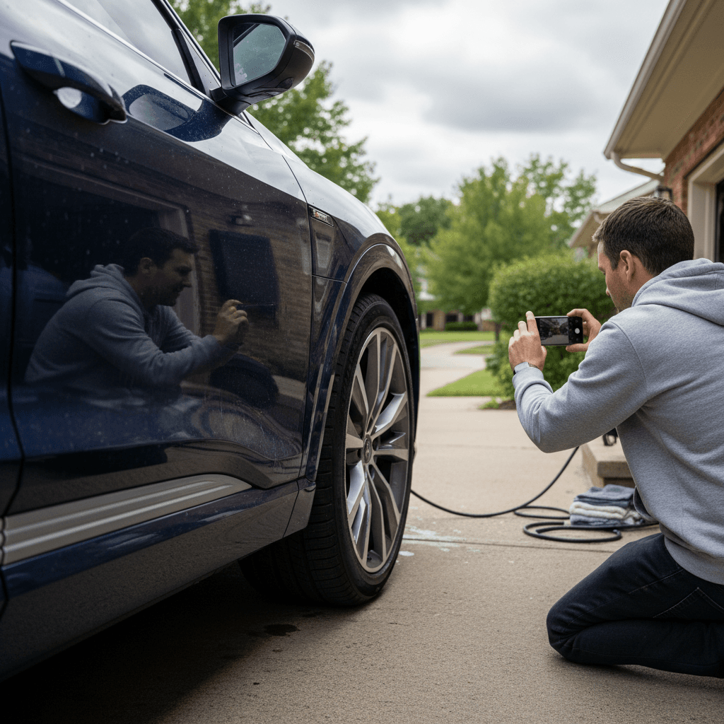 Owner cleaning an Audi Q8 e-tron and taking photos before listing it for sale