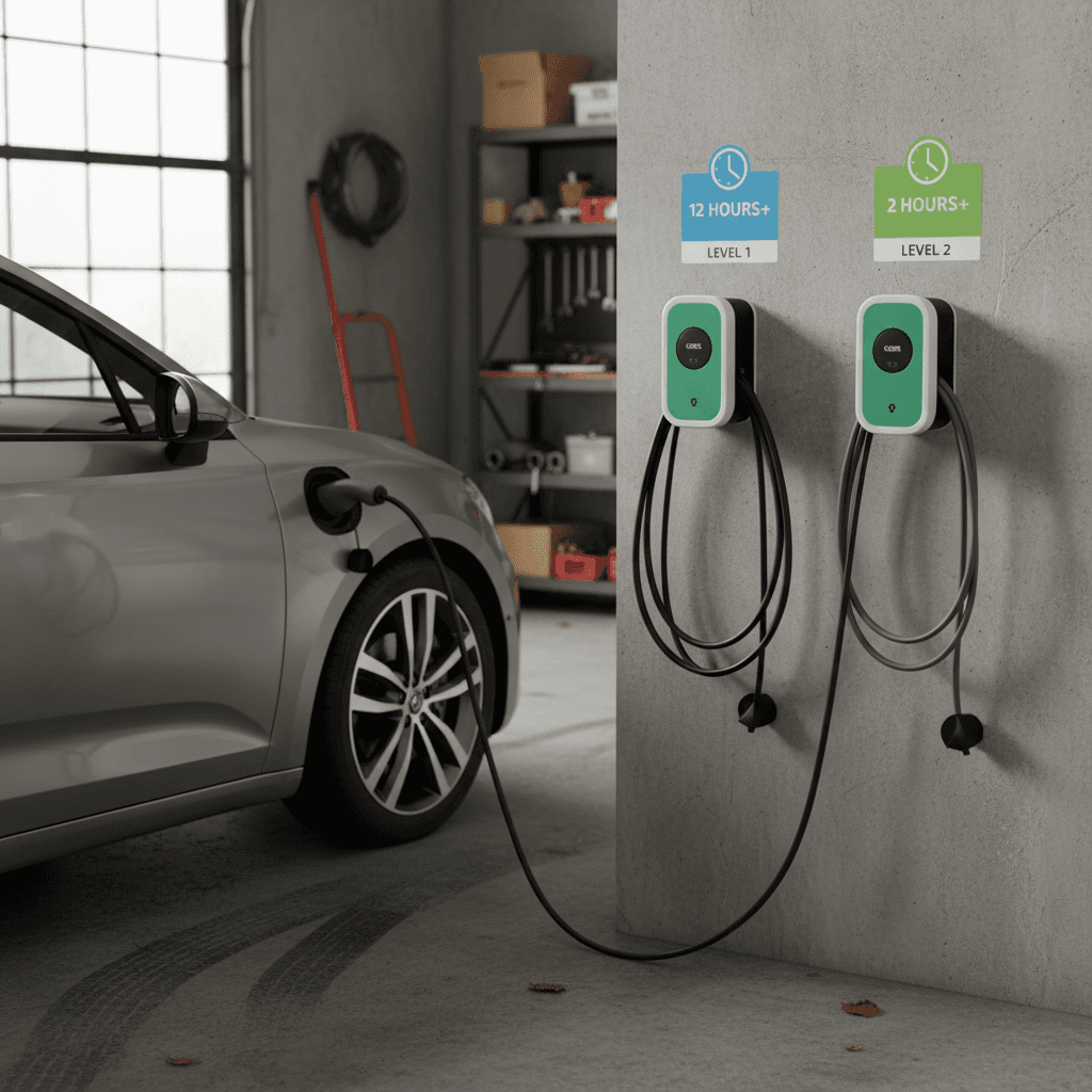 Illustration comparing slow Level 1 and faster Level 2 home EV charging times in a residential garage
