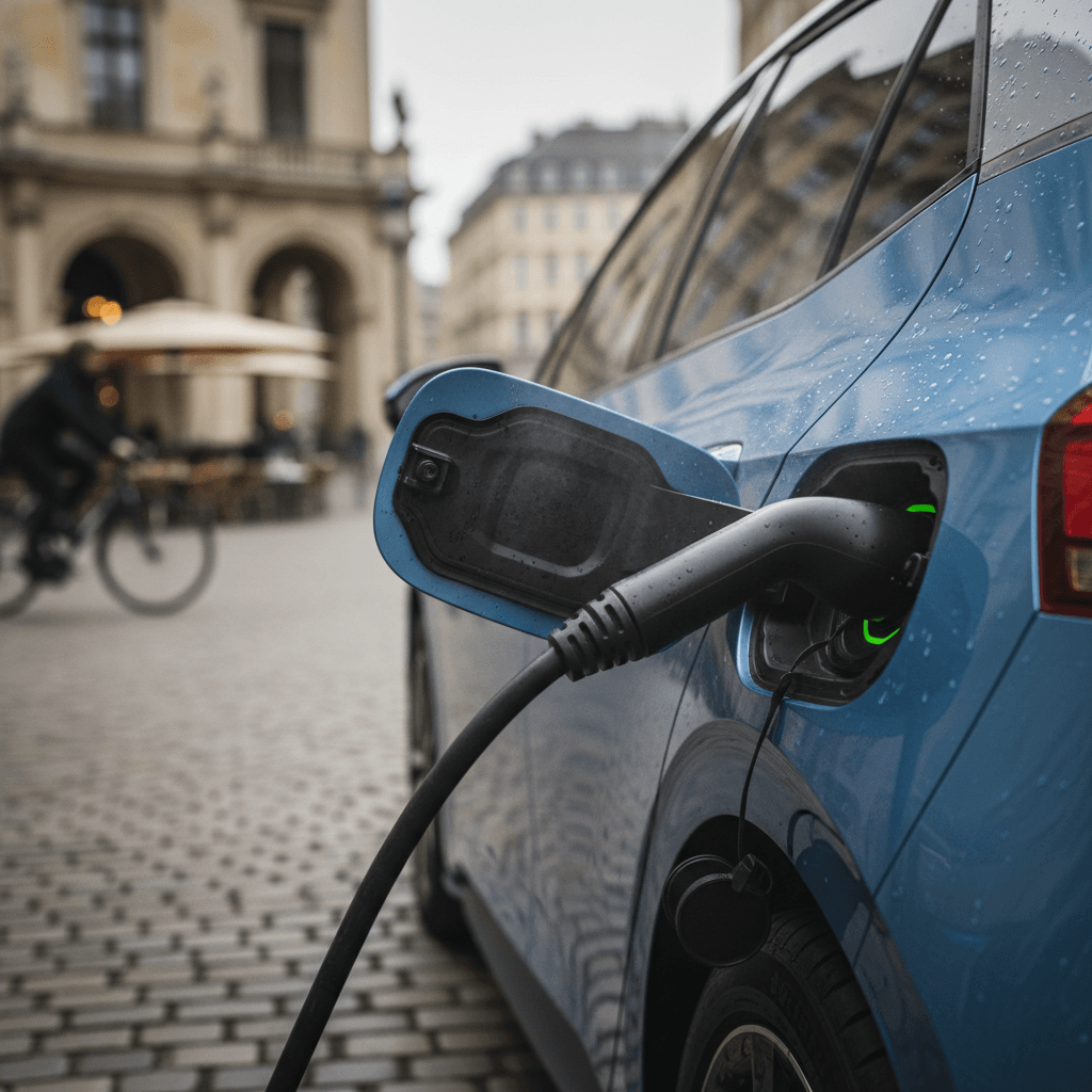 Multiple electric cars plugged into curbside chargers on a winter street in Norway