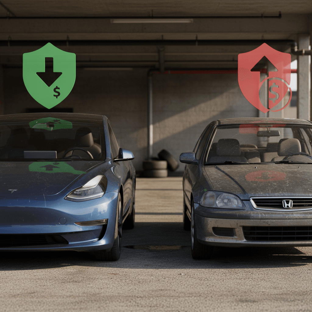 Infographic comparing estimated insurance costs for a 25-year-old driving an electric car versus a similar gas car