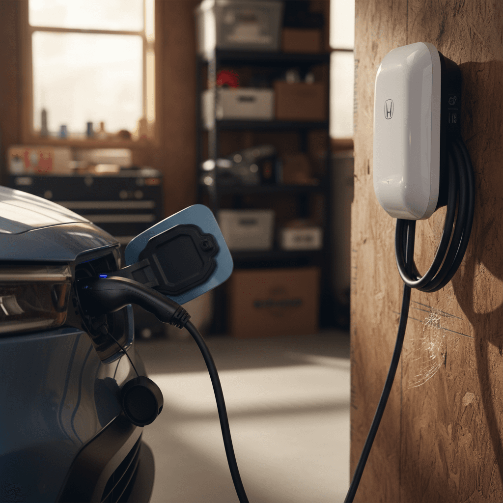Honda Prologue plugged into a Level 2 wallbox in a home garage, showing charging indicator lights