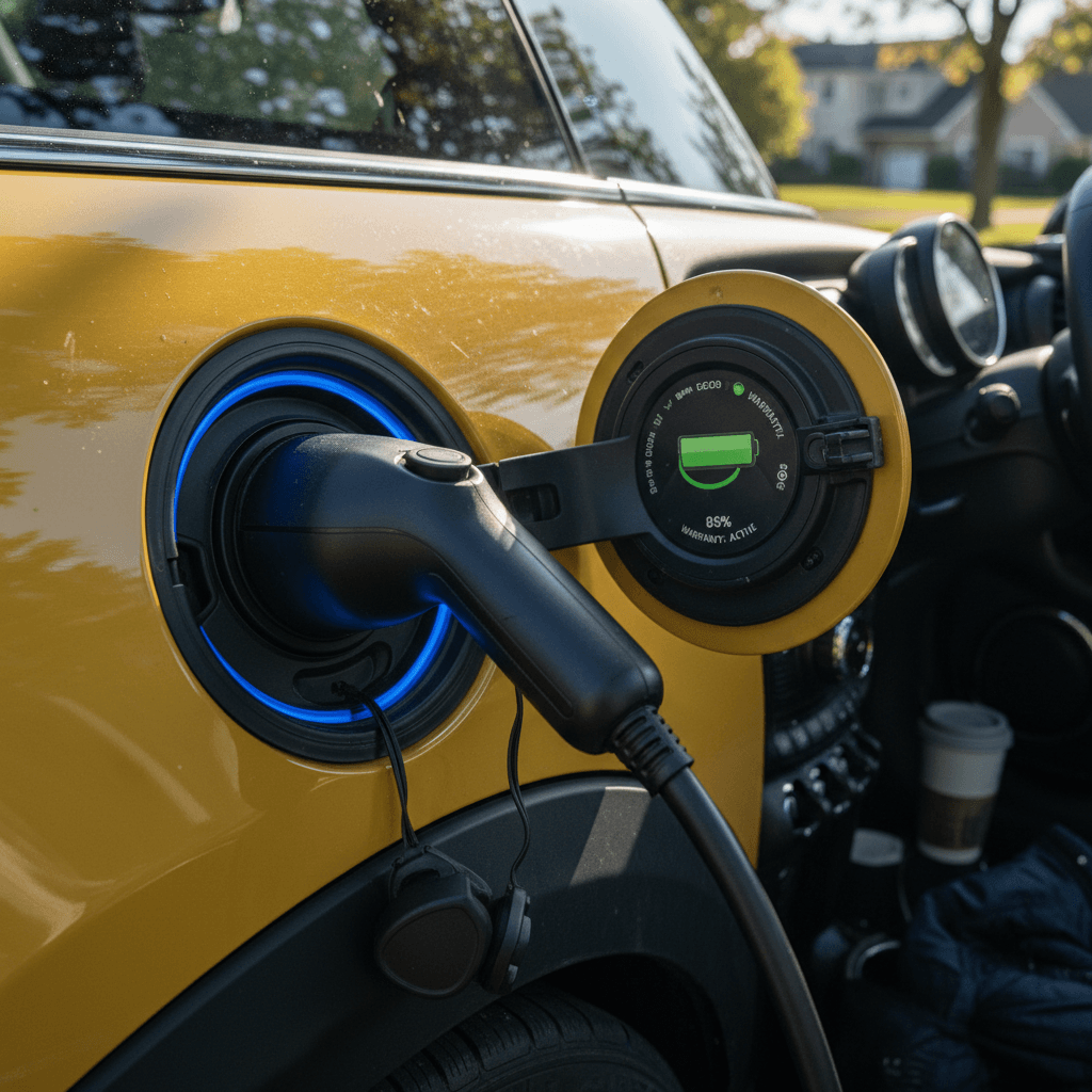 Close-up of a Lexus RZ charging port and connector with digital battery status display showing range remaining