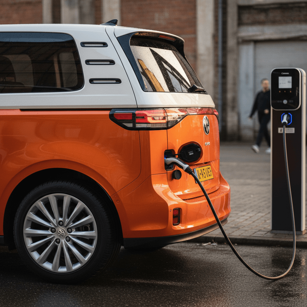 Yellow and white Volkswagen ID. Buzz plugged into a roadside DC fast charger, viewed from the rear three-quarter angle