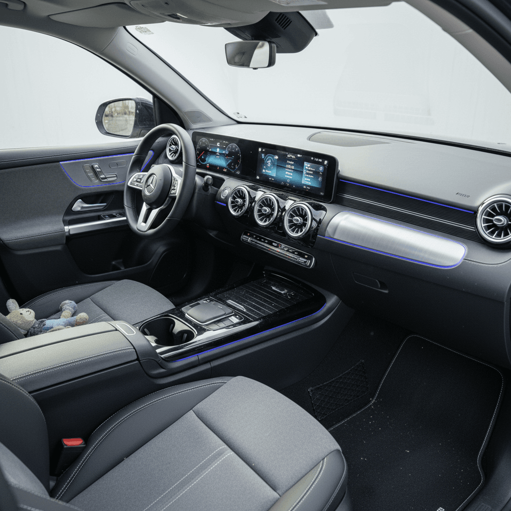 Cabin of a 2025 Mercedes EQB with twin screens and ambient lighting, showing front seats and second row
