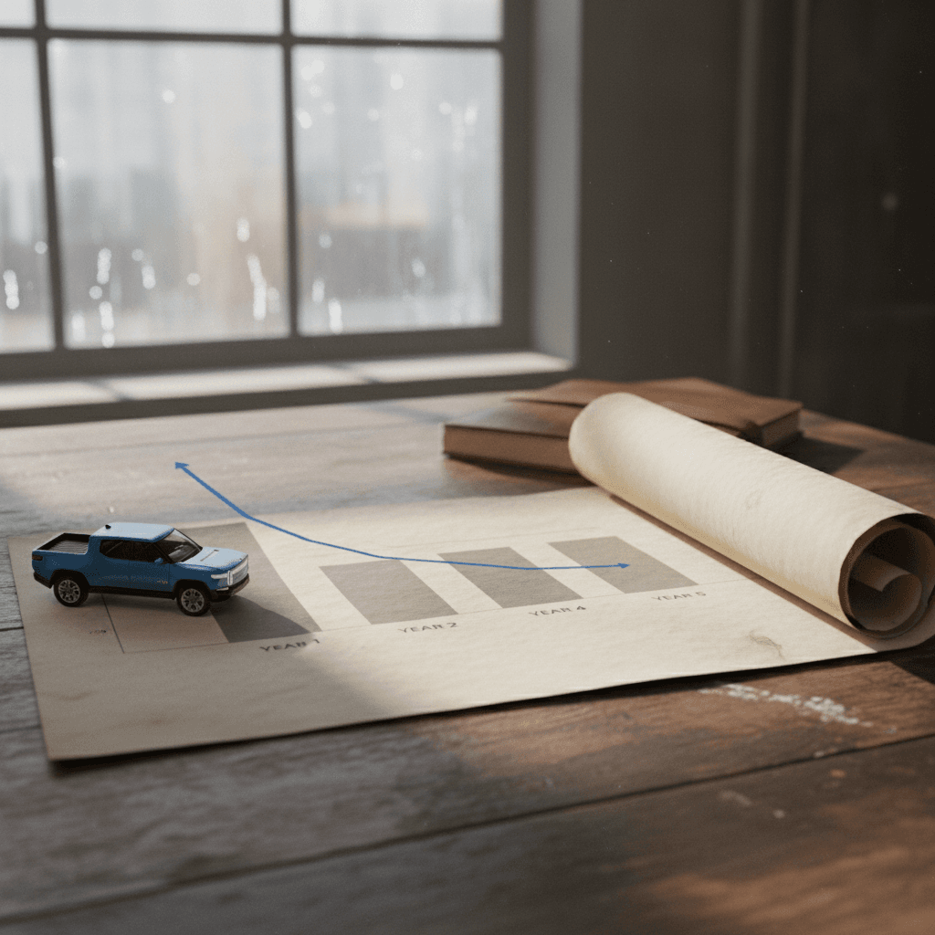 Illustrated 5‑year Rivian R1T depreciation curve showing value dropping most in years one to three and then flattening