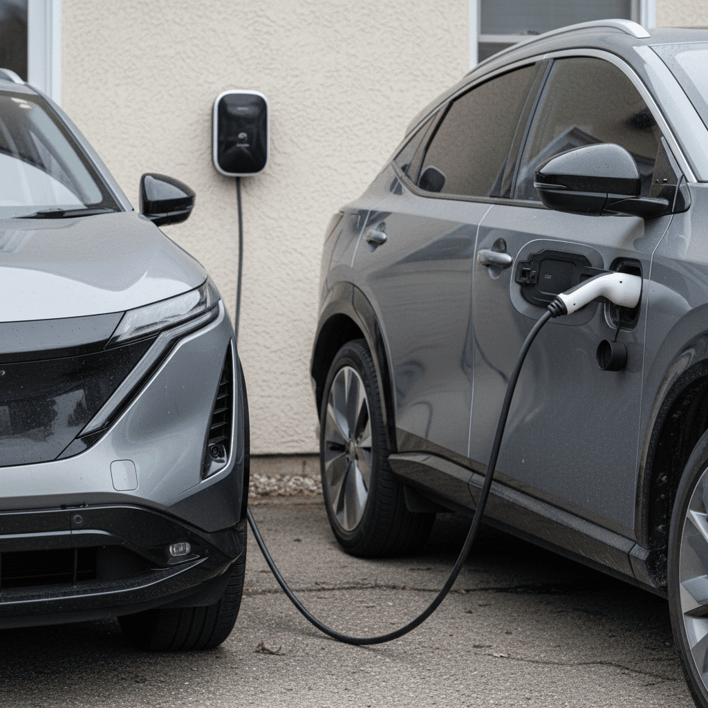 Used 2023 Nissan Ariya parked in a driveway charging from a home wallbox, showcasing its sleek crossover design
