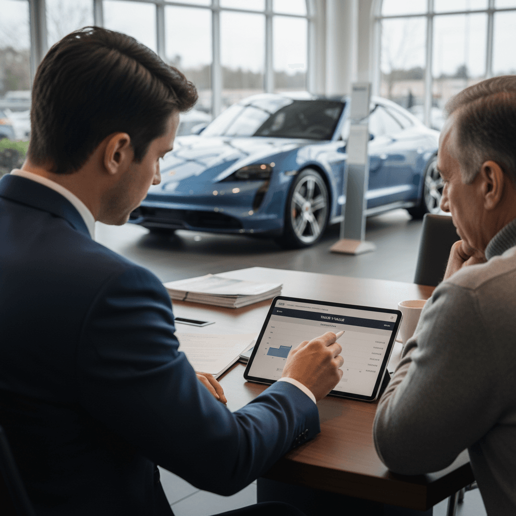 Sales consultant and owner reviewing a 2024 Porsche Taycan trade-in appraisal and battery health report on a tablet in a showroom