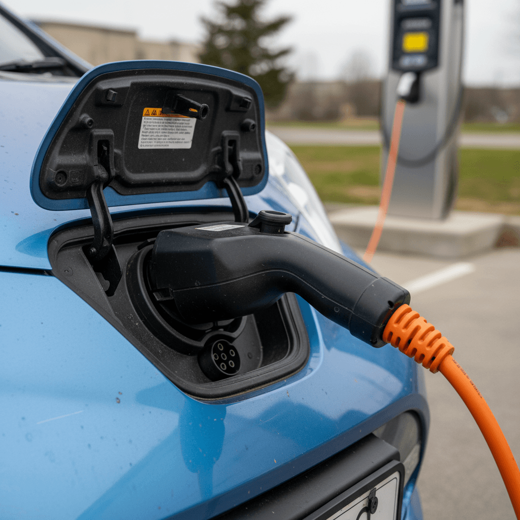 Nissan Leaf parked in a driveway and charging from a home charger