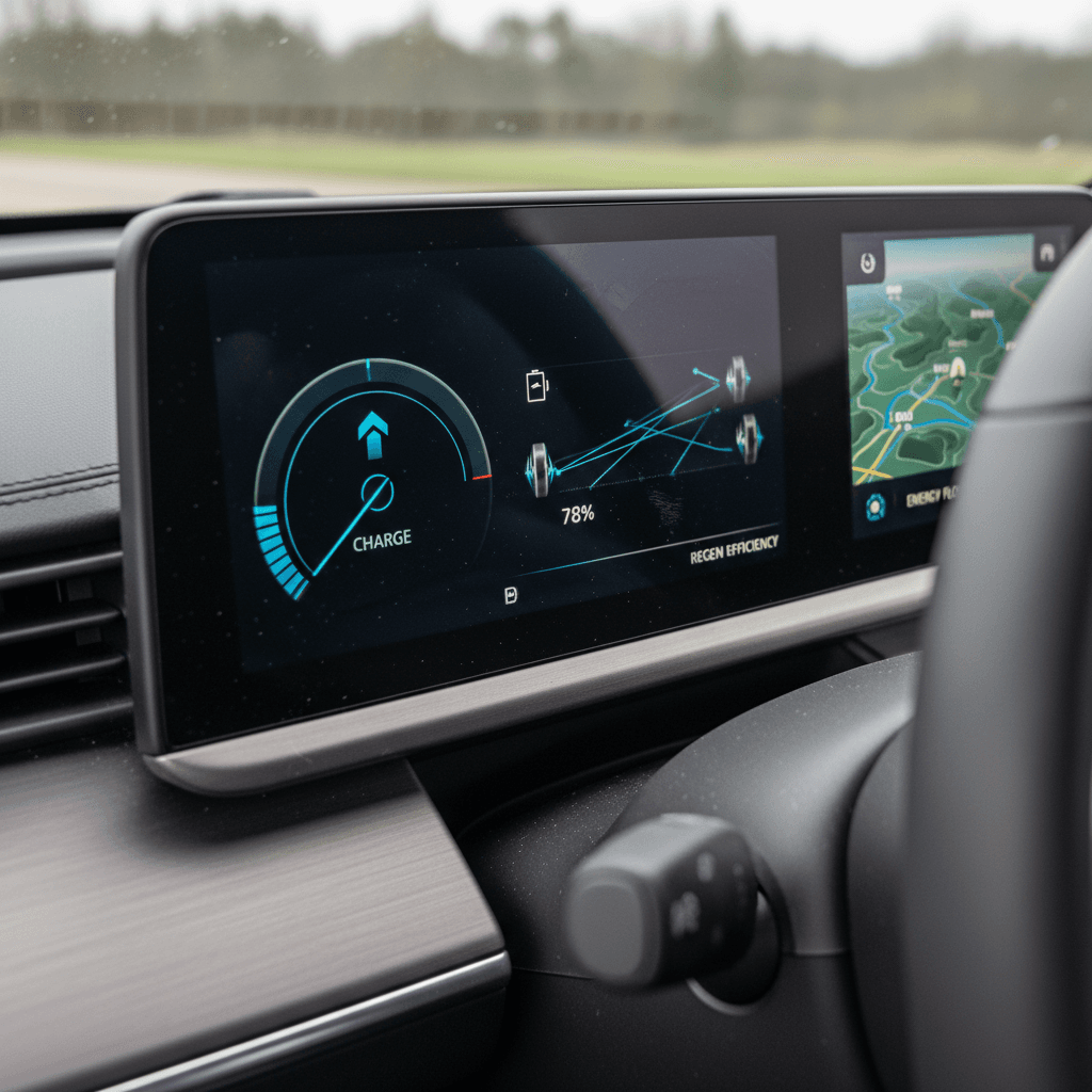 Electric vehicle driving downhill using regenerative braking to recharge the battery