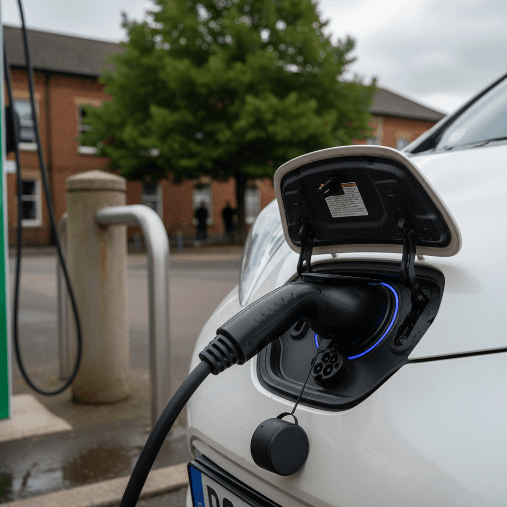 Nissan Leaf plugged into a public Level 2 charging station via the J1772 connector