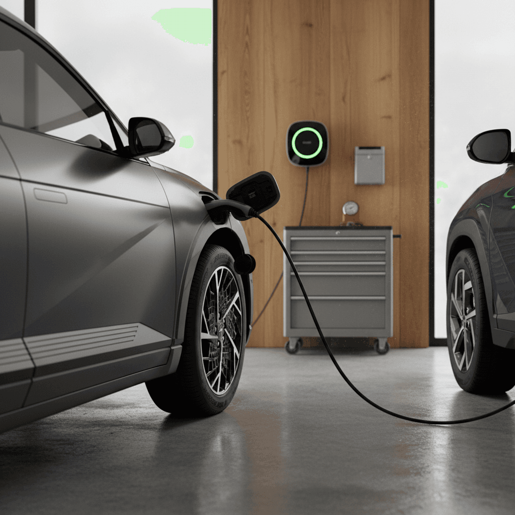 Hyundai Ioniq 5 charging at a home Level 2 wallbox in a modern garage