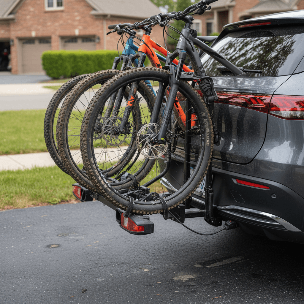 Hitch-mounted platform bike rack loaded with two mountain bikes on a Mercedes EQS SUV in a driveway