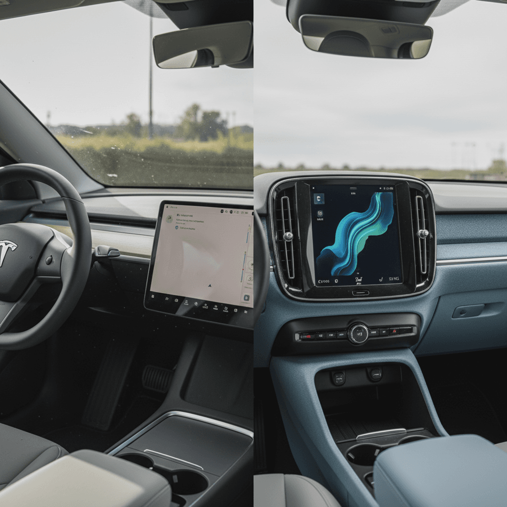 Side‑by‑side comparison of the Tesla Model Y minimalist interior and the Volvo EX30’s tech‑forward cabin