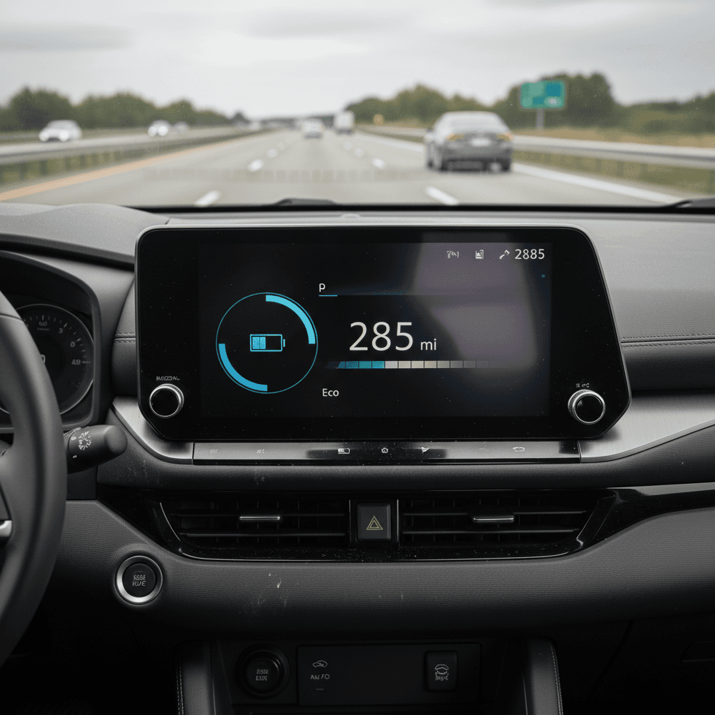 Driver’s view of a Nissan Ariya dashboard showing remaining battery percentage and realistic driving range at highway speed
