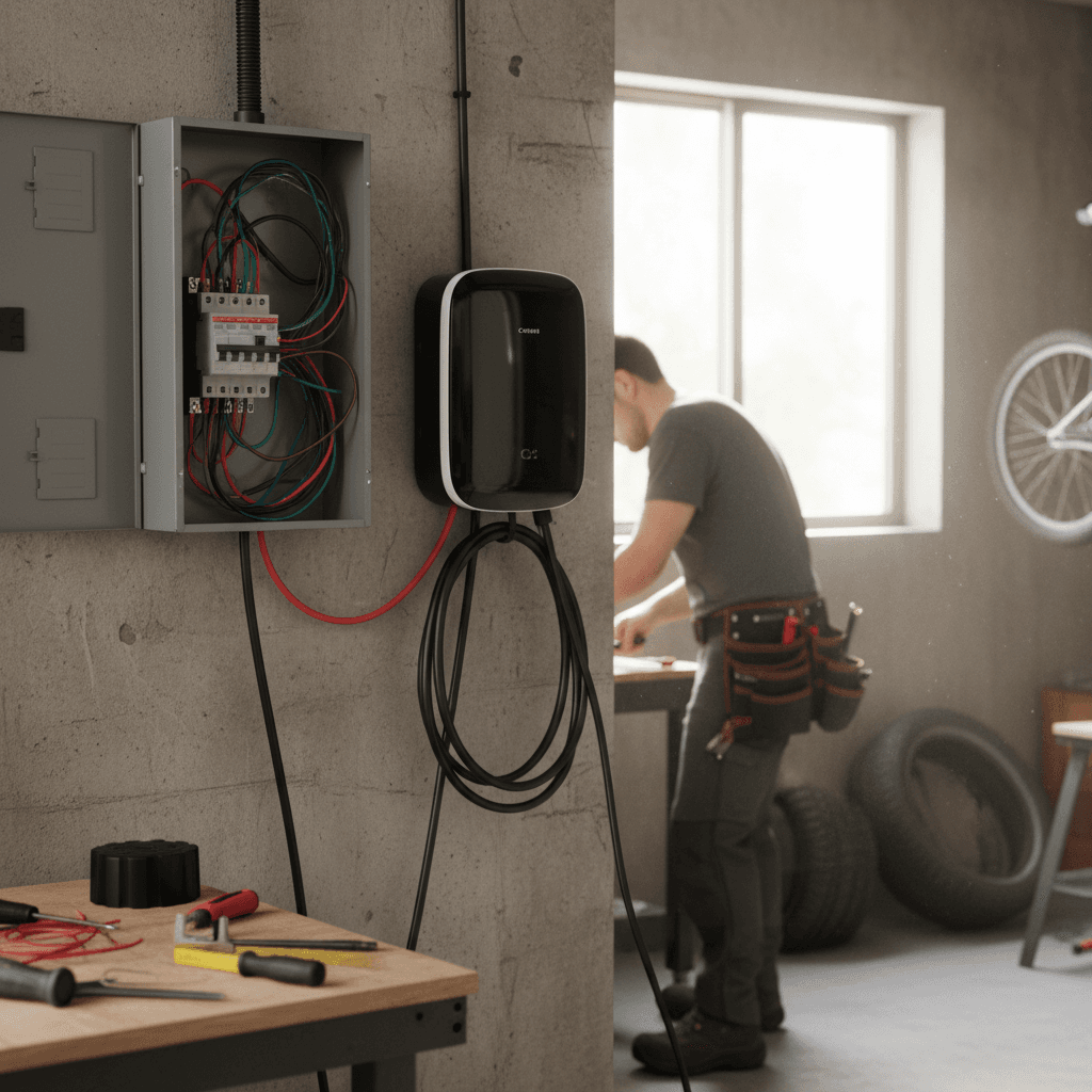 Licensed electrician mounting and wiring a Level 2 EV charger on the wall of a residential garage
