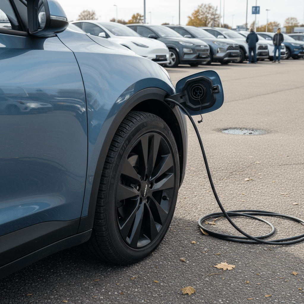 Mechanic inspecting a pre owned electric SUV on a lift in a garage