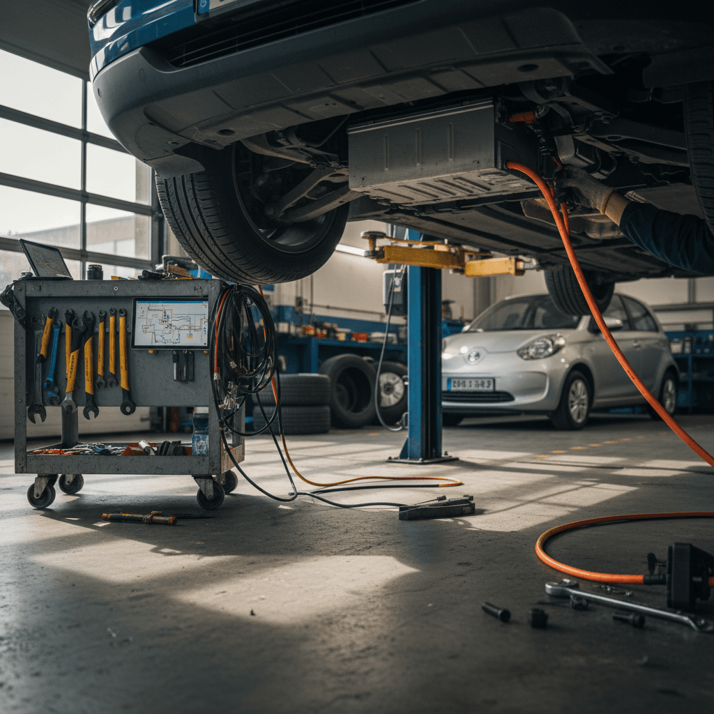 Mechanic inspecting an electric vehicle battery pack on a lift in a service garage