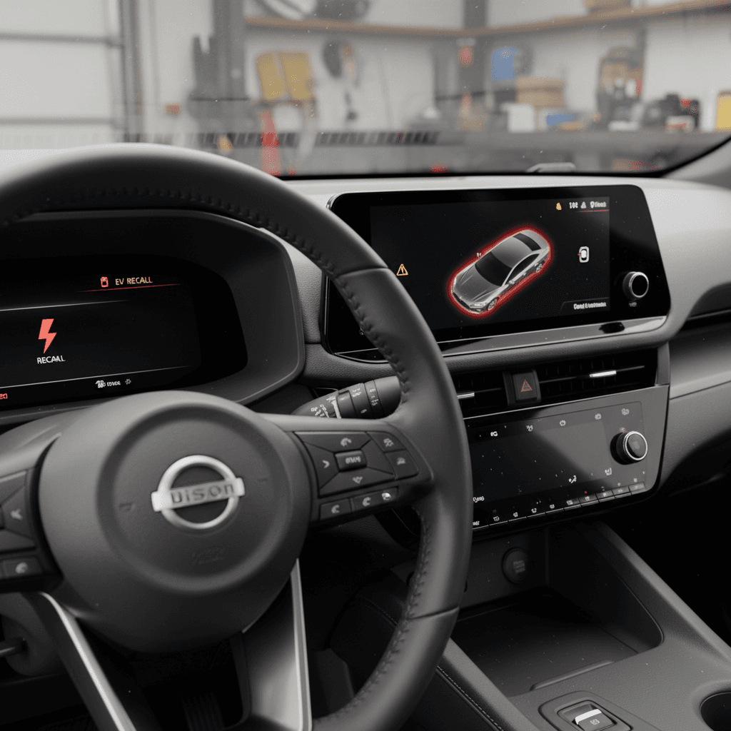 Close-up of a Nissan Ariya steering wheel and digital display showing warning messages before recall repair