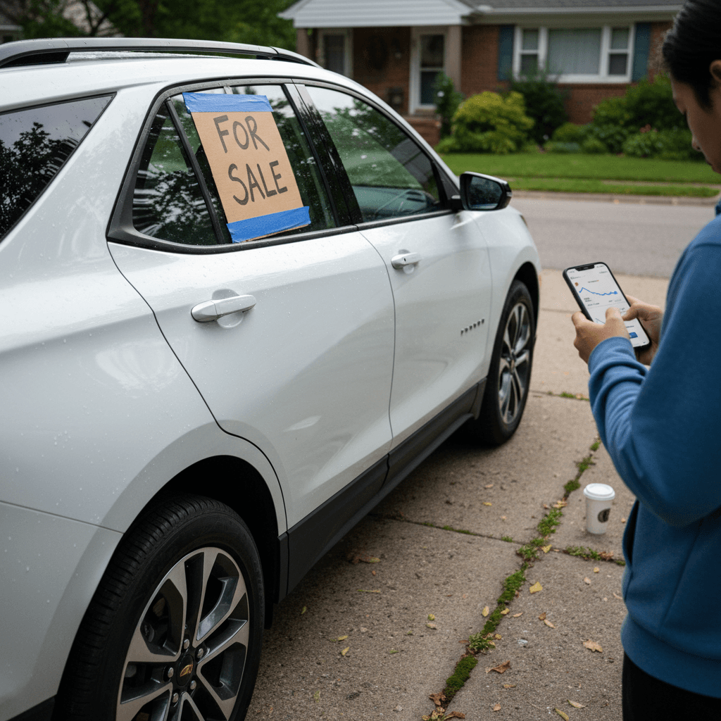 Chevrolet Equinox EV owner checking resale value on a smartphone while the SUV is parked in a driveway with a for-sale sign