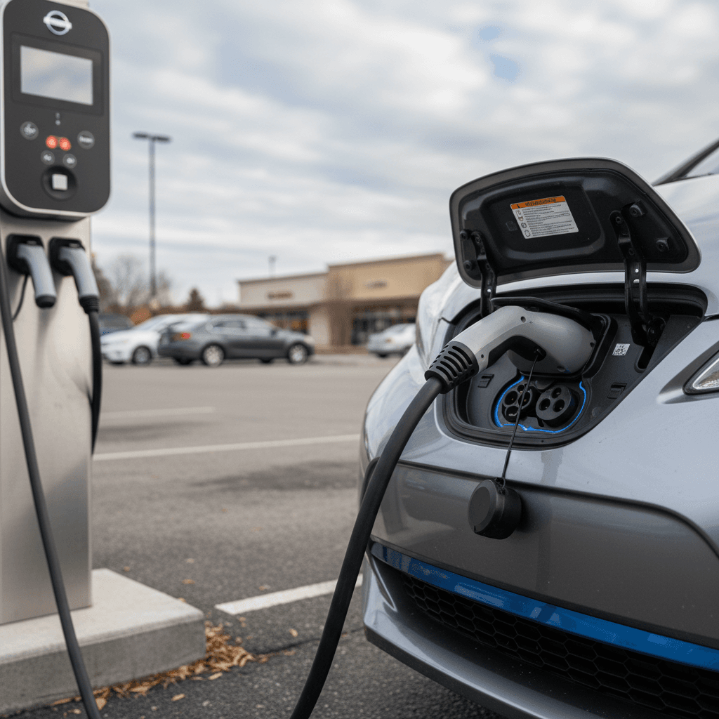 A 2021 Nissan Leaf plugged into a CHAdeMO fast charger at a public charging station