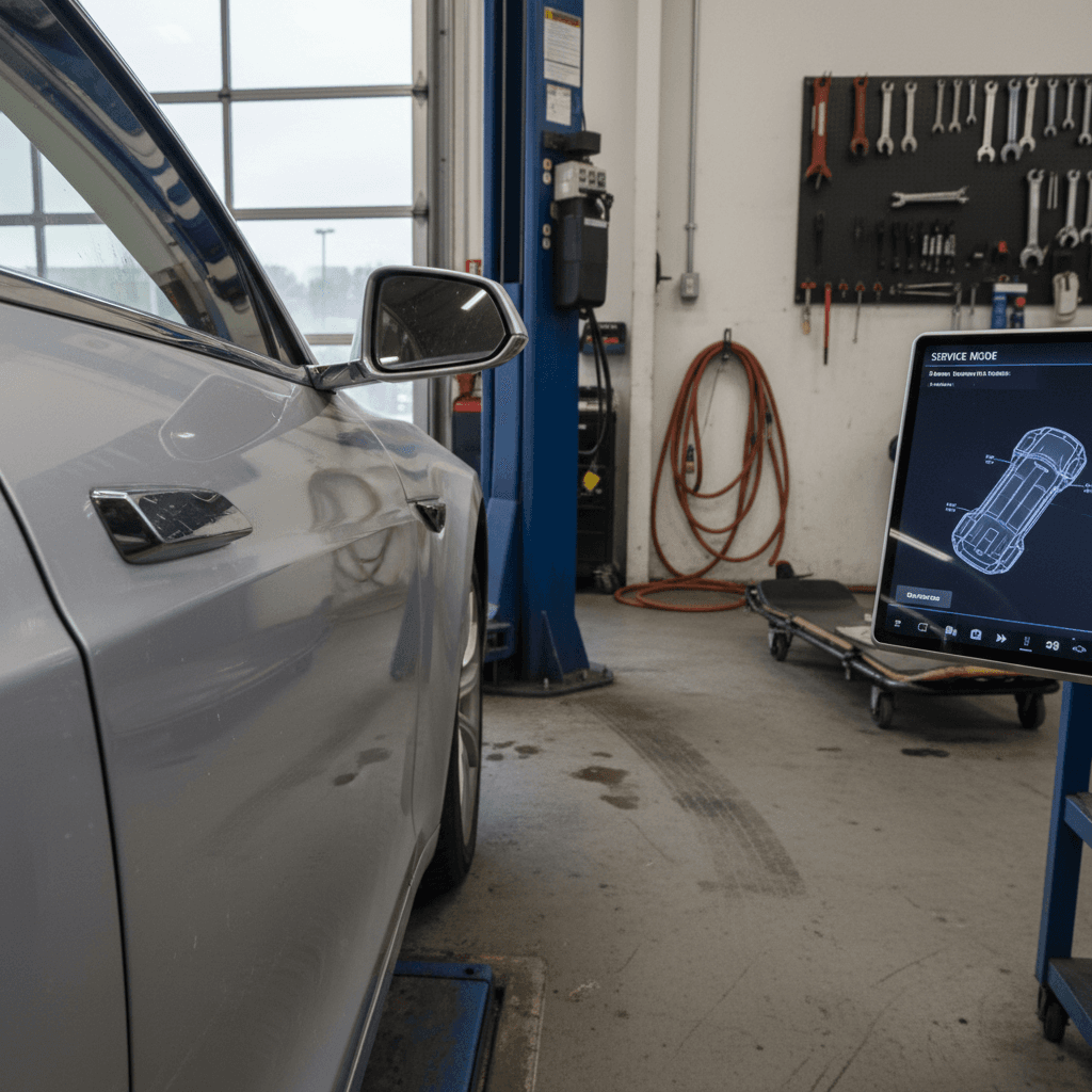 Tesla Model X falcon wing door hinge and seal inspected for alignment in a service bay
