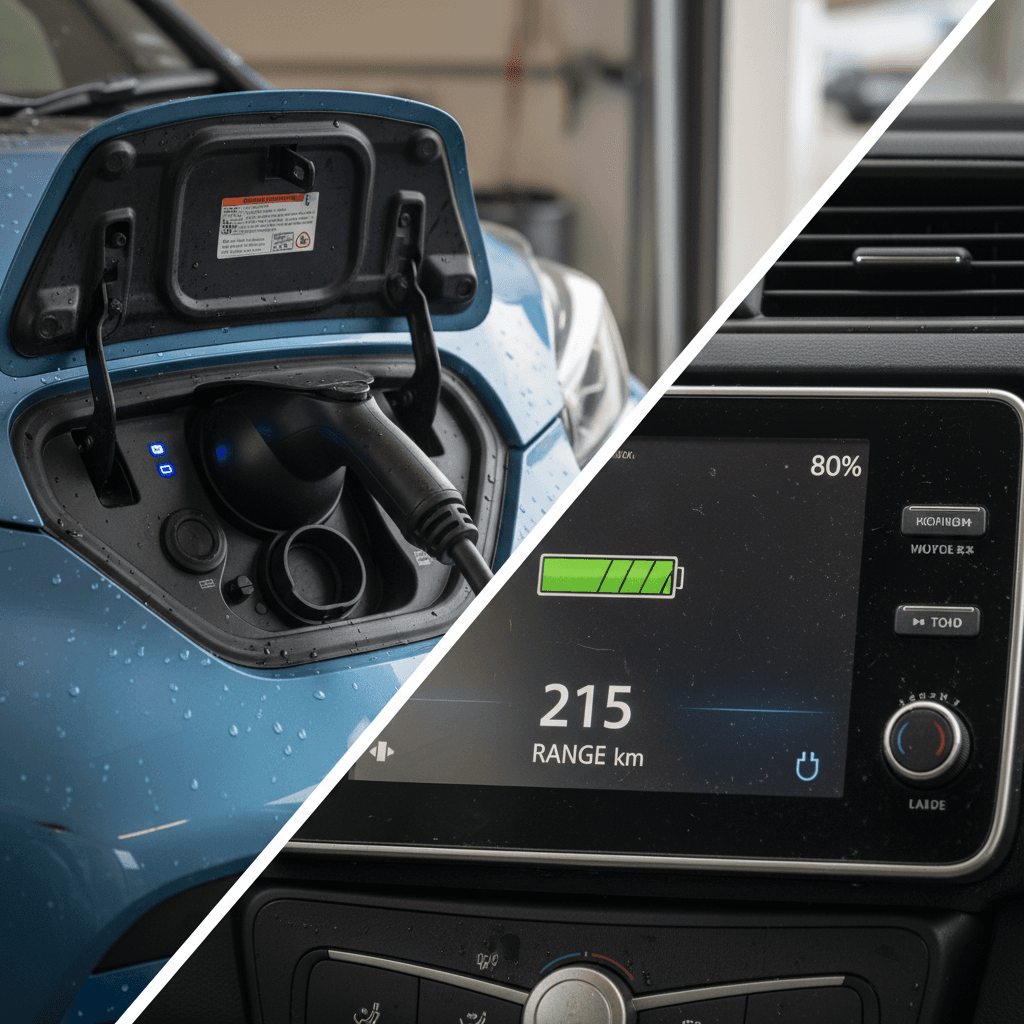 Close-up of a Nissan Leaf charge port connected to a home charger with battery and range visible on interior screen