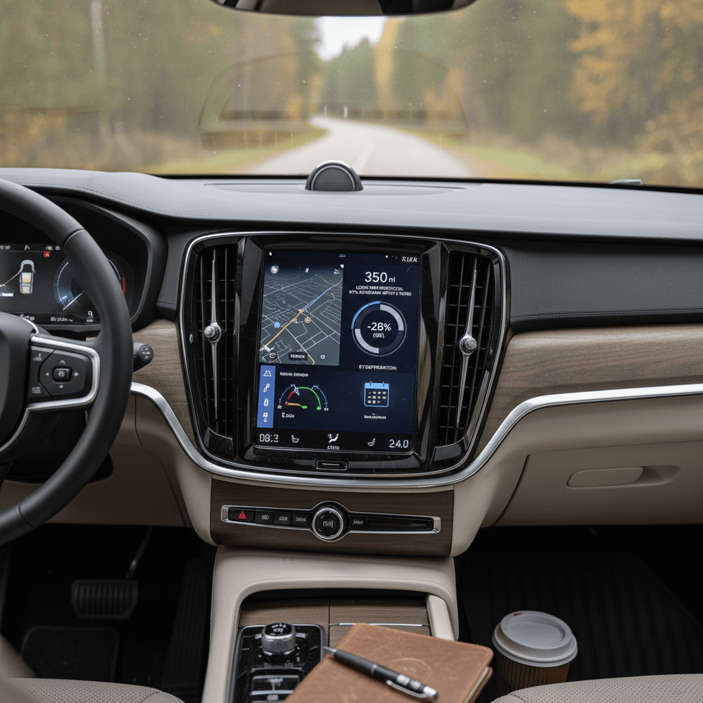 Volvo EX90 interior digital instrument cluster highlighting range and energy usage, emphasizing long-term EV ownership