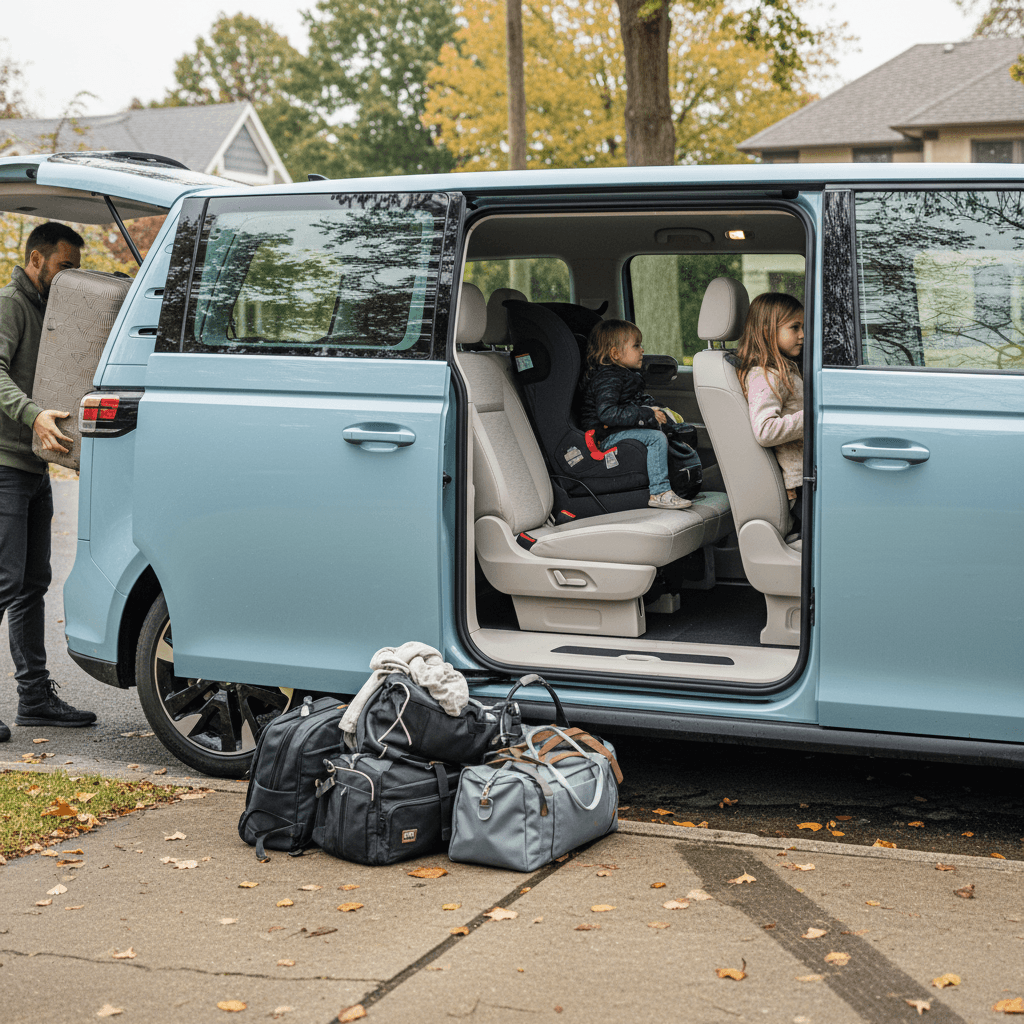 Parents loading kids and luggage through the sliding door of a Volkswagen ID. Buzz, showing its tall, airy interior and flat floor.