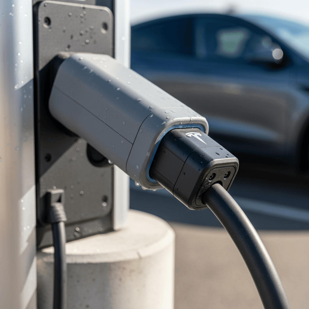 Close-up of an EV fast-charging connector and adapter similar to Tesla Magic Dock hardware