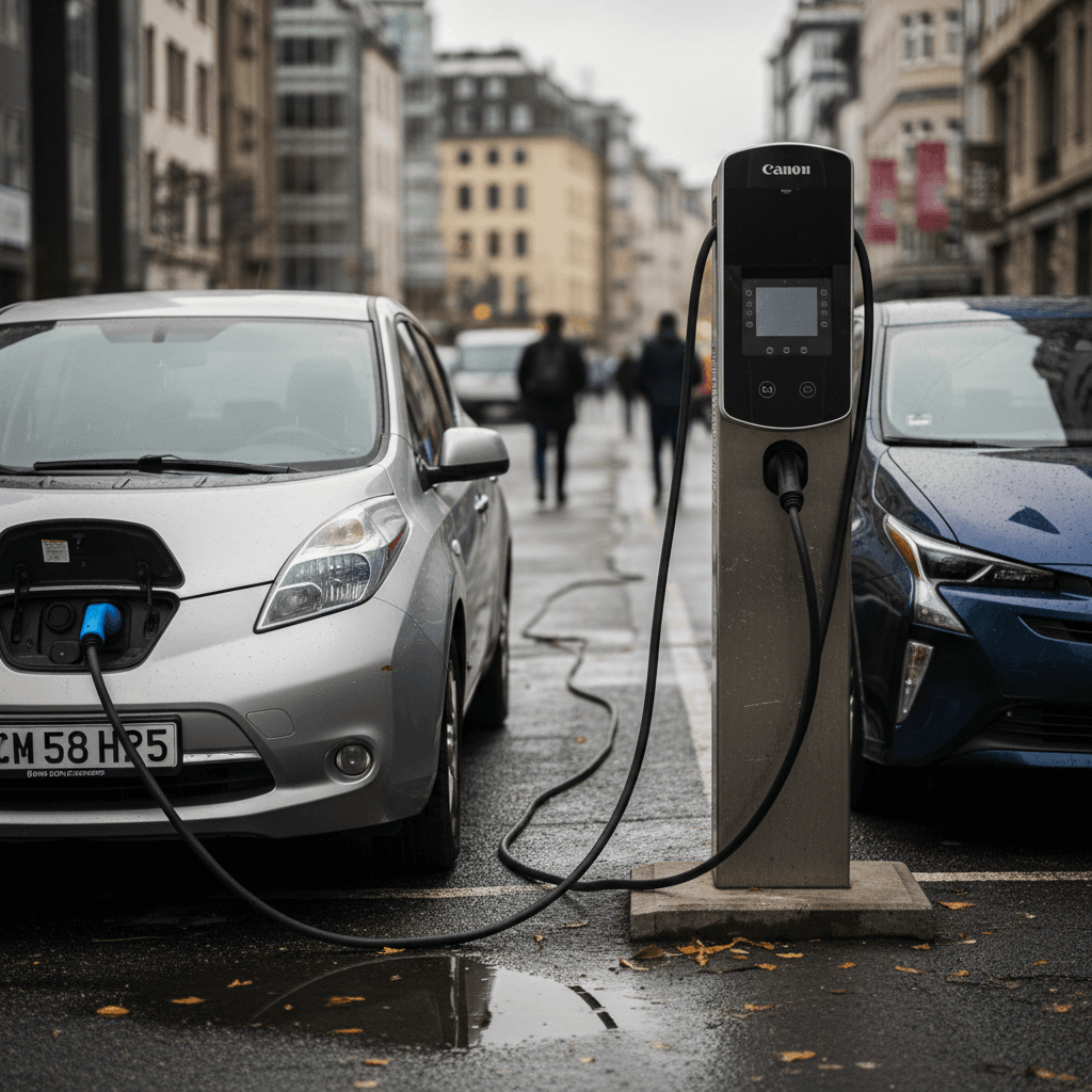Row of used electric cars parked at public charging stations in an urban lot