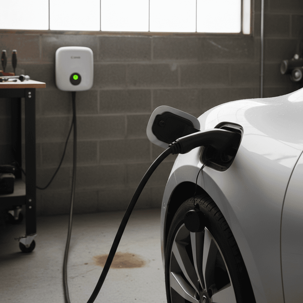 Level 2 home EV charger mounted on a garage wall charging an electric car