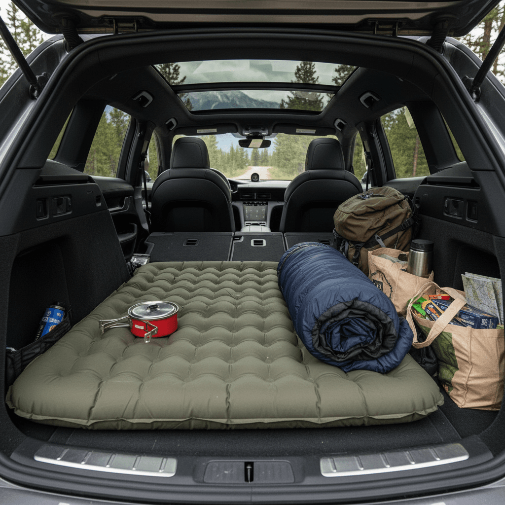 Porsche Taycan Cross Turismo with rear seats folded flat and camping gear loaded