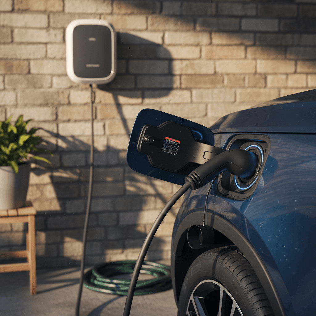 Volvo C40 Recharge charging at a home Level 2 wallbox in a residential driveway