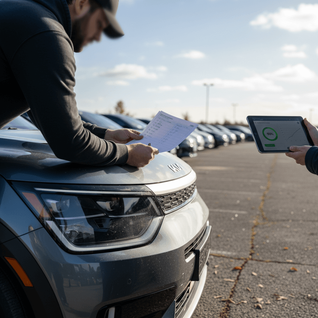 Owner reviewing a Kia EV9 battery health report and checklist on a table