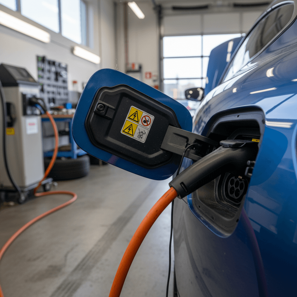 Technician inspecting the high-voltage battery area of a 2023 BMW i4 on a service lift
