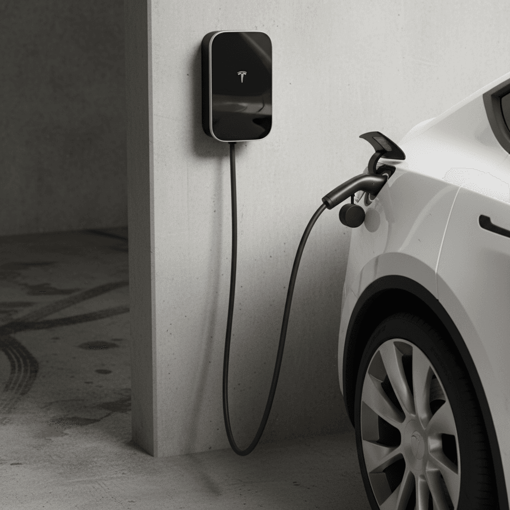 Close-up of a 2024 Tesla Model Y charging at a home wallbox charger in a modern garage
