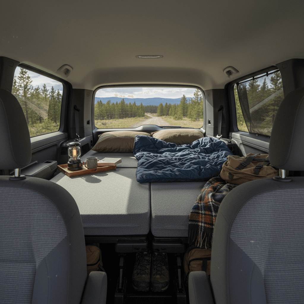 Volkswagen ID. Buzz interior with rear seats folded and a simple mattress laid out for sleeping